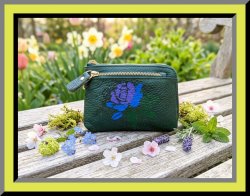 Green Leather Hand Painted Flower Theme Zippy Mini Wallet