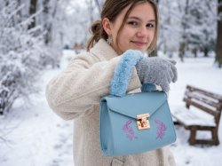 Blue Leather Hand Painted Feather Theme Handbag For Teens