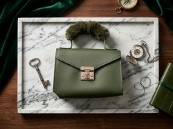 Green Leather Mini Handbag With Faux Fur Handle