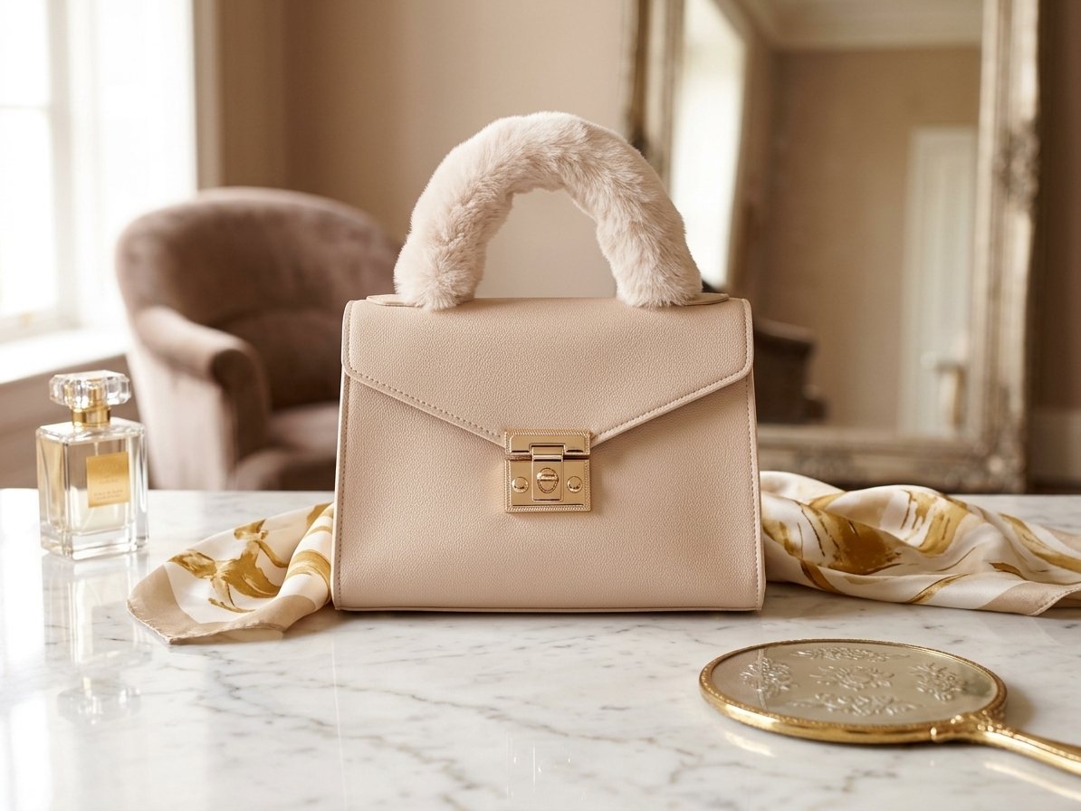 Image 0 of Brown Leather Mini Handbag With Faux Fur Handles
