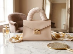 Brown Leather Mini Handbag With Faux Fur Handles