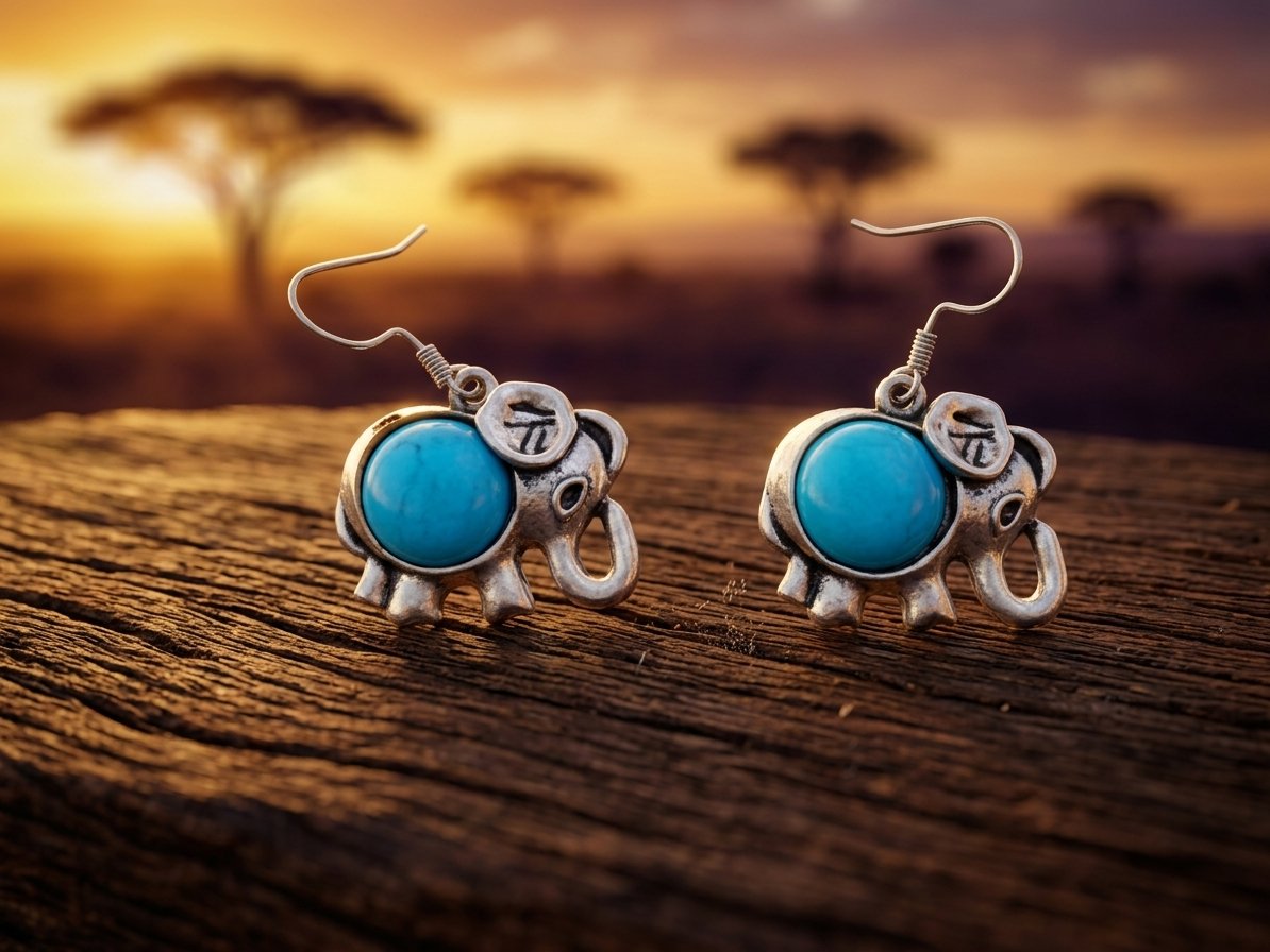 Image 0 of Tibetan Silver & Turquoise Dangle Elephant Theme Earrings