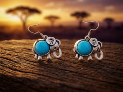 Tibetan Silver & Turquoise Dangle Elephant Theme Earrings