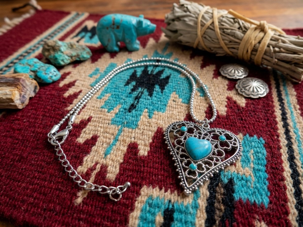 Image 0 of Tibetan Silver & Turquoise Heart Theme Necklace Native Ethnic Tribal Bohemian