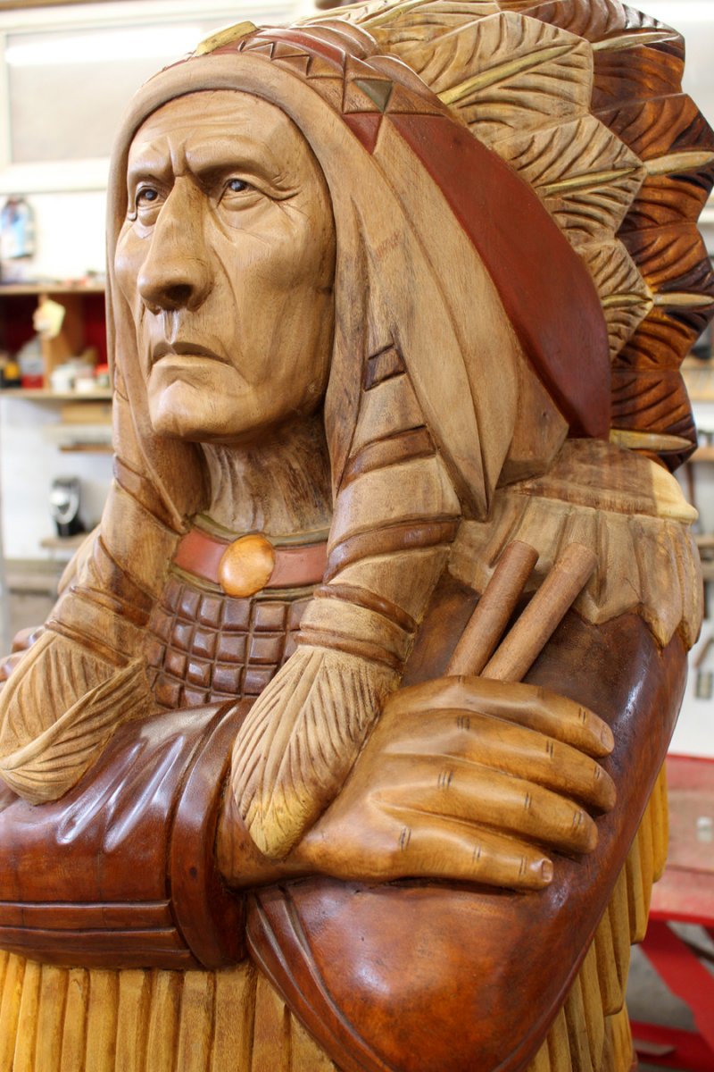 Wood Indian 6' Life Size Chief Slowly Hand Carved / Signed