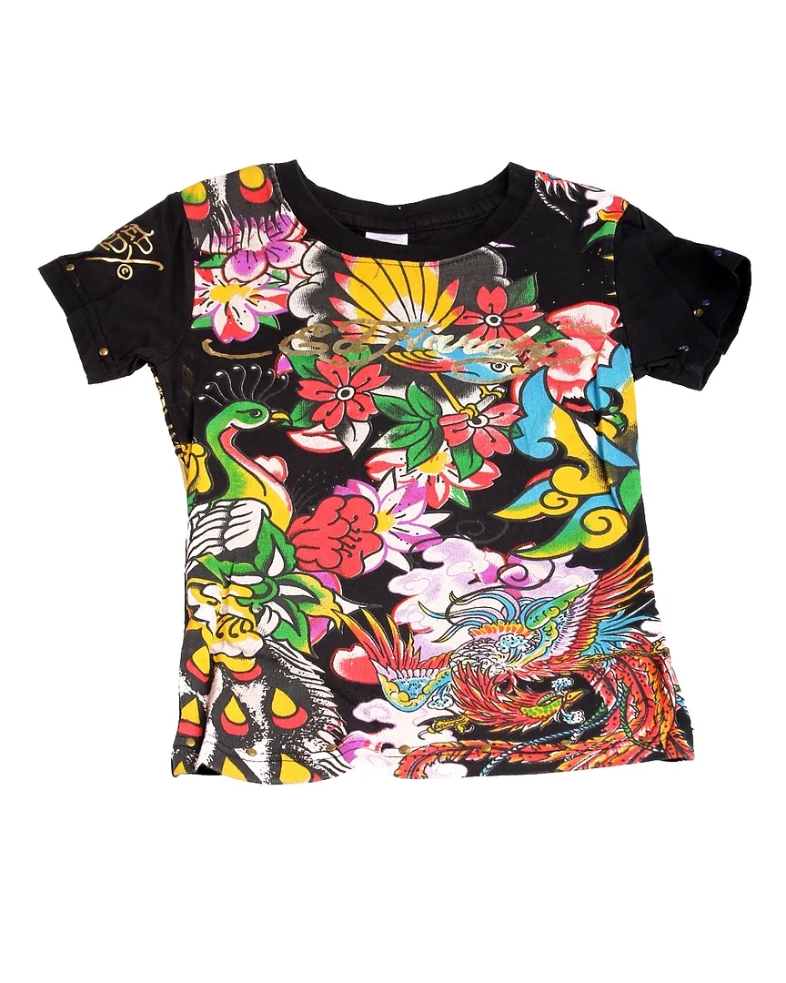 Ed Hardy Girls Black Tee Shirt W/birds Flowers Motif, Short Sleeve