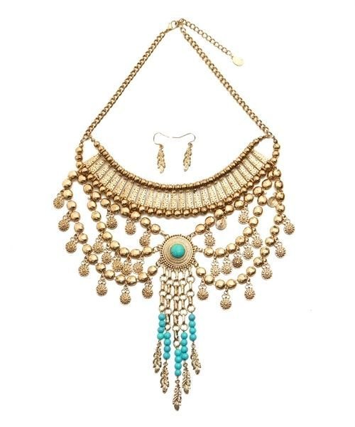Stunning Turquoise and Gold-Tone Statement Fashion Necklace and Earring Set