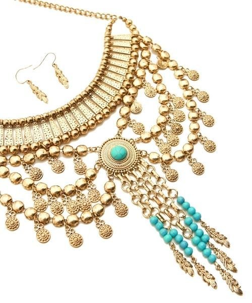 Image 1 of Stunning Turquoise and Gold-Tone Statement Fashion Necklace and Earring Set