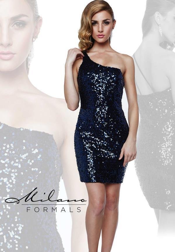 Image 0 of Milano Formals E1606 Sequin Navy Mini One Shoulder Fitted Party Dress 14