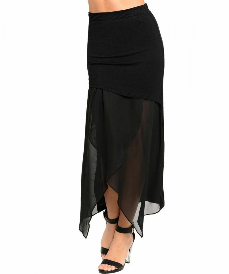 Chic Black Chiffon Maxi Lined Skirt, Gypsy Hem, Juniors, Cocktail Club Party