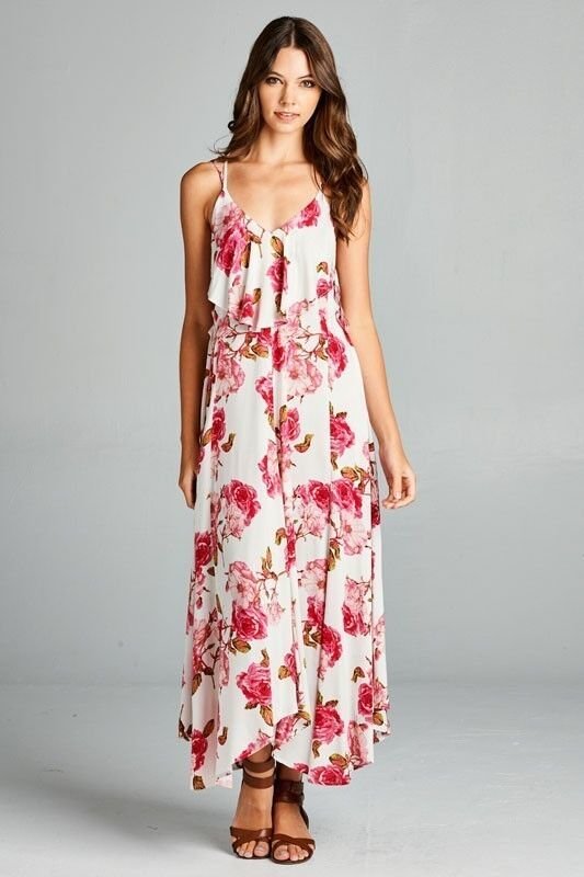 Image 0 of Flirty Boho Ivory Pink Floral Spaghetti Side Lace-up Party Cruise Maxi Jr Dress 