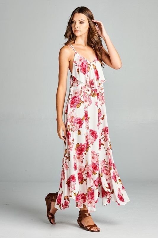 Image 1 of Flirty Boho Ivory Pink Floral Spaghetti Side Lace-up Party Cruise Maxi Jr Dress 