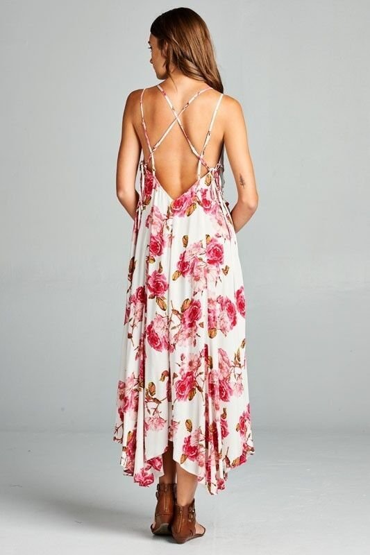 Image 2 of Flirty Boho Ivory Pink Floral Spaghetti Side Lace-up Party Cruise Maxi Jr Dress 