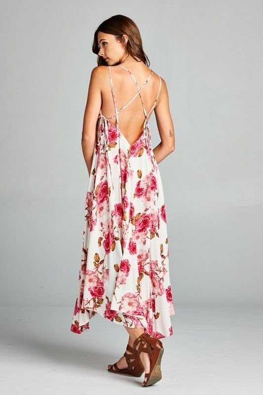 Image 3 of Flirty Boho Ivory Pink Floral Spaghetti Side Lace-up Party Cruise Maxi Jr Dress 