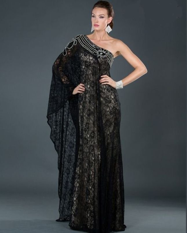 Image 2 of Sexy One Shoulder Grecian MOB Prom Black or Ivory All Over Lace Lined Dress $498