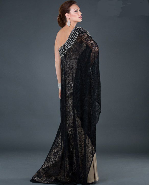 Image 3 of Sexy One Shoulder Grecian MOB Prom Black or Ivory All Over Lace Lined Dress $498