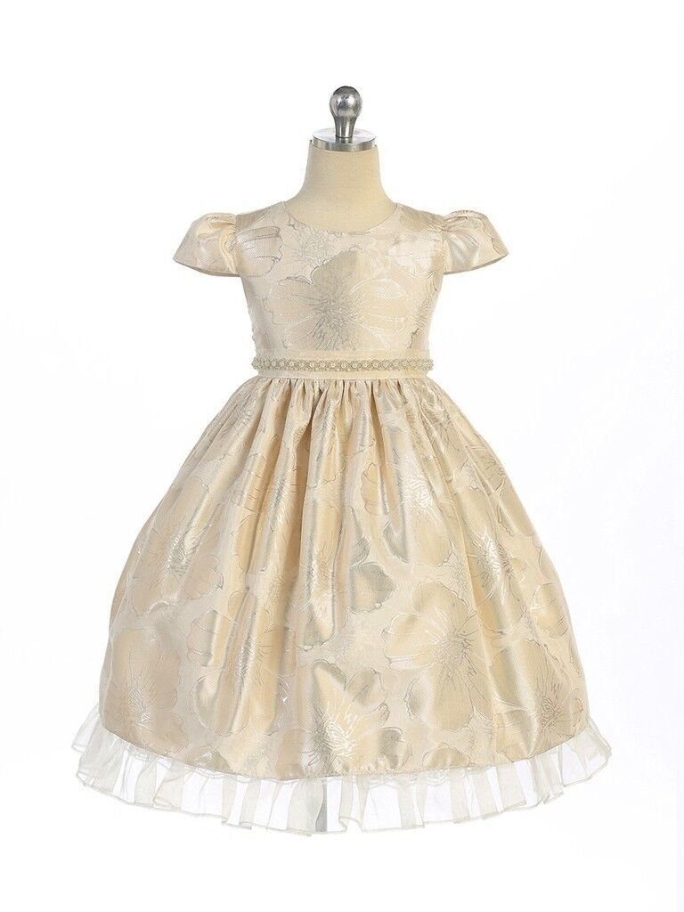 Gorgeous Champagne Ivory Brocade Pageant Flower Girl Dress Crayon Kids USA - 2T