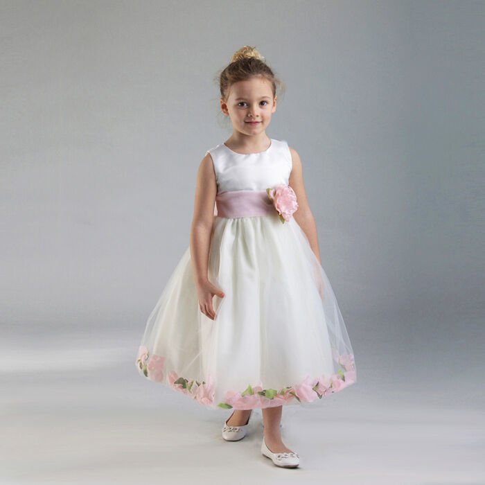Image 0 of Stunning White Christening Flower Girl Dress w/Pink Petals Crayon Kids USA - Whi