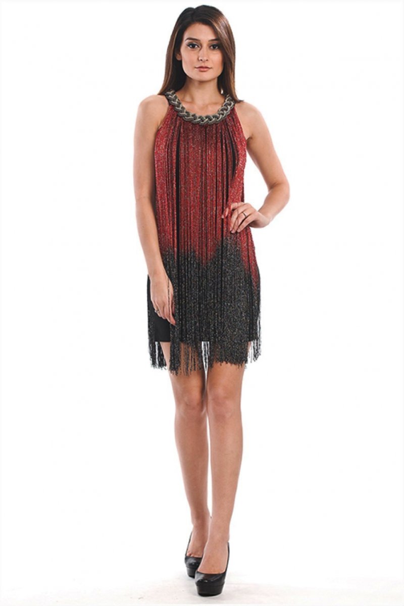 Image 1 of Sexy Jrs Fringe Black, Gold/Black, Red/Black Lined Party Mini Dress S, M, L - Bl