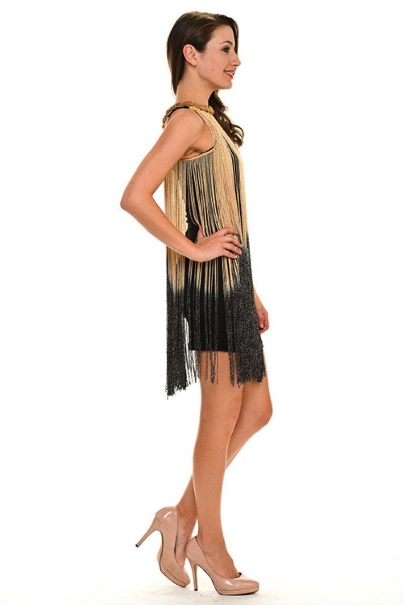 Image 2 of Sexy Jrs Fringe Black, Gold/Black, Red/Black Lined Party Mini Dress S, M, L - Bl