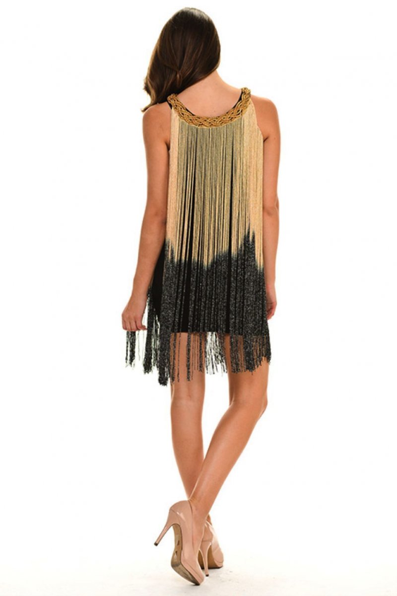 Image 3 of Sexy Jrs Fringe Black, Gold/Black, Red/Black Lined Party Mini Dress S, M, L - Bl