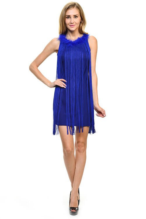 Image 1 of Sexy Jrs Fringe Royal Blue or Red Lined Party Mini Dress Faux Fur Collar S, M, L