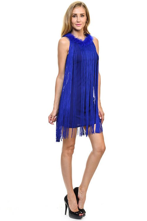 Image 3 of Sexy Jrs Fringe Royal Blue or Red Lined Party Mini Dress Faux Fur Collar S, M, L
