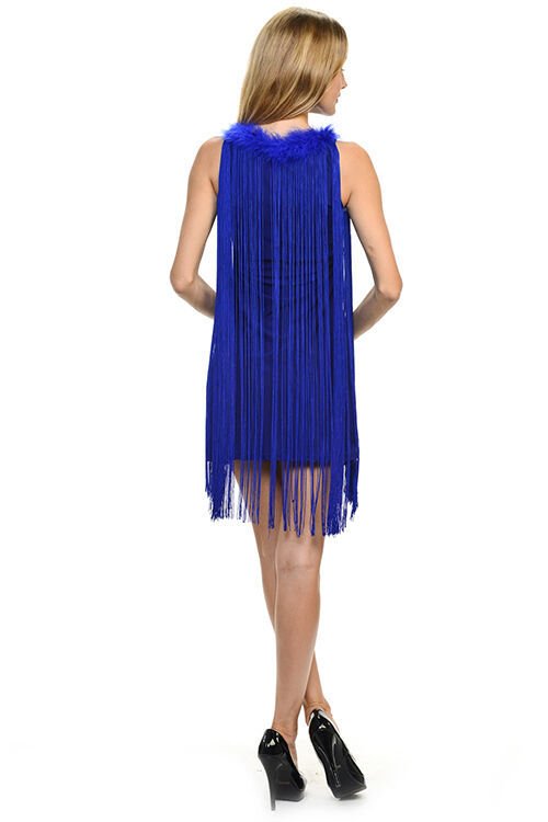 Image 4 of Sexy Jrs Fringe Royal Blue or Red Lined Party Mini Dress Faux Fur Collar S, M, L