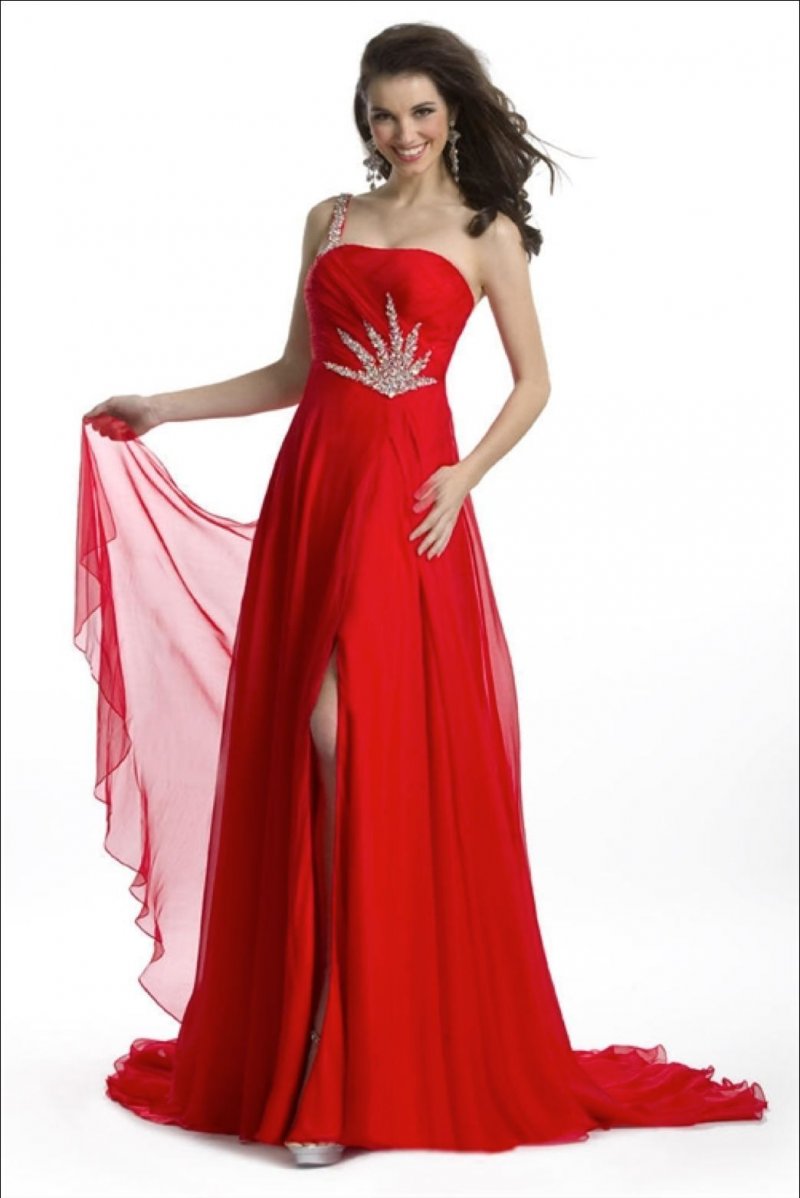 Stunning Sexy Silk Beaded One Strap Pageant Prom Gown, Prima Donna 5581 - Red - 
