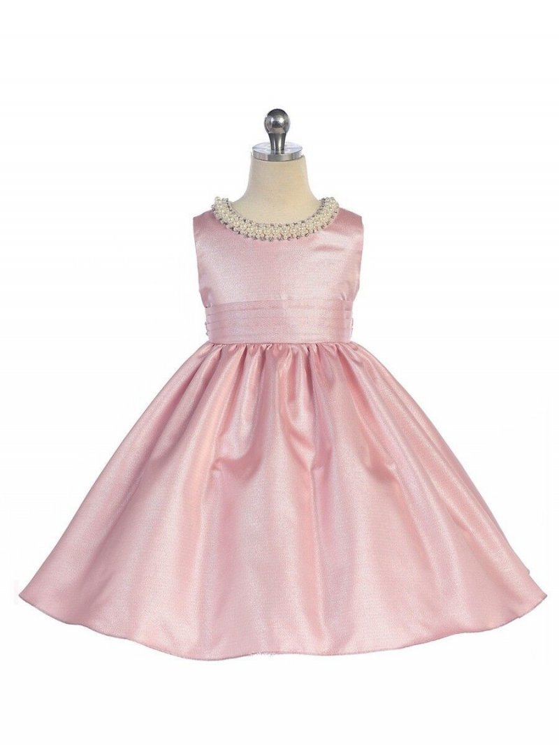 Image 0 of Stunning Pink Satin Flower Girl Pageant Dress w/ Beaded Neckline, Crayon Kids - 