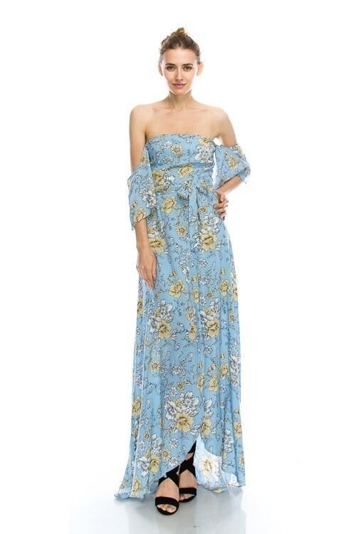 Sky Blue Floral Print Romantic Off Shoulder Maxi Dress S M or L - Light Blue - P