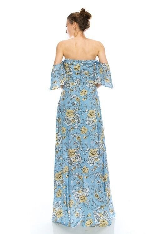 Image 1 of Sky Blue Floral Print Romantic Off Shoulder Maxi Dress S M or L - Light Blue - P