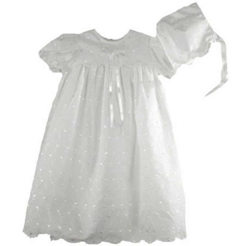 Image 0 of Precious Sweet Petit Ami Lined Cotton Eyelet Christening Scalloped Yoke Hat Set 