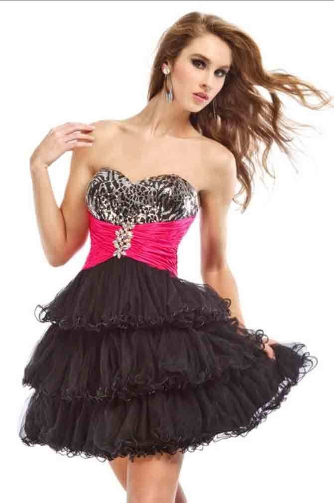 Image 0 of Sexy Strapless Party Time Short Prom Black Dress w/Leopard Bodice, Fuchsia Wrap 