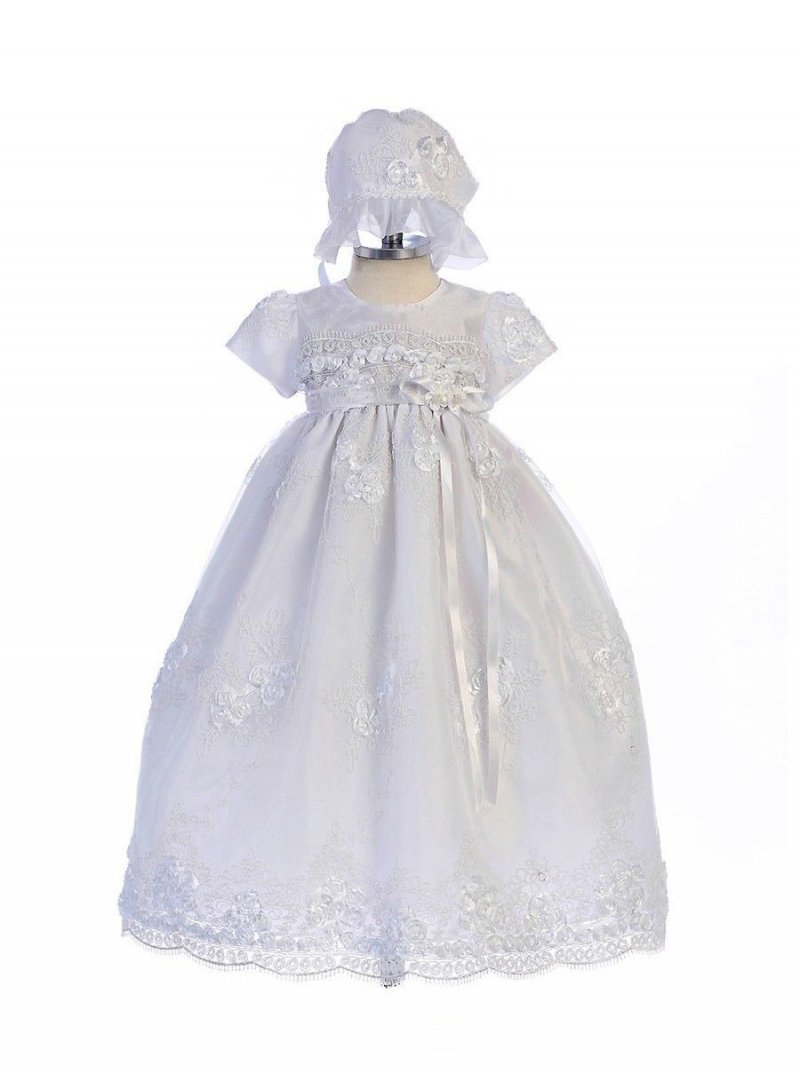 Exquisite Lace Detail Baby Girl Christening Dress Hat Set, Crayon Kids USA BC238