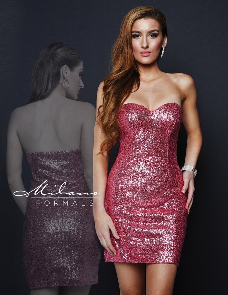 Image 0 of Milano Formals E1670 Light Fuchsia Pink Sequins Strapless Party Mini Dress 12