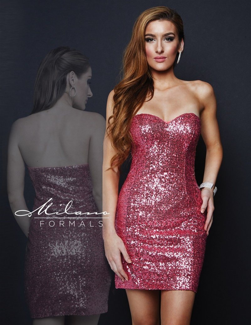 Image 1 of Milano Formals E1670 Light Fuchsia Pink Sequins Strapless Party Mini Dress 12