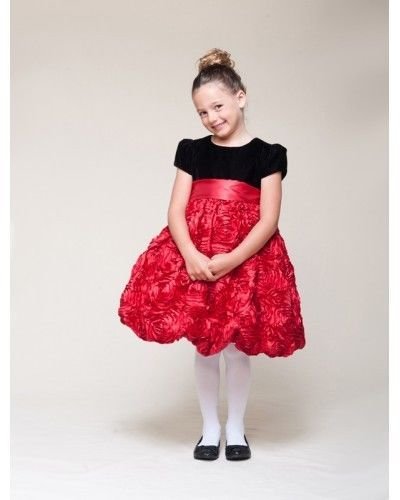 Image 2 of Dressy Velvet Top Swirl Floral Red Skirt Pageant Flower Girl Dress Crayon Kids -