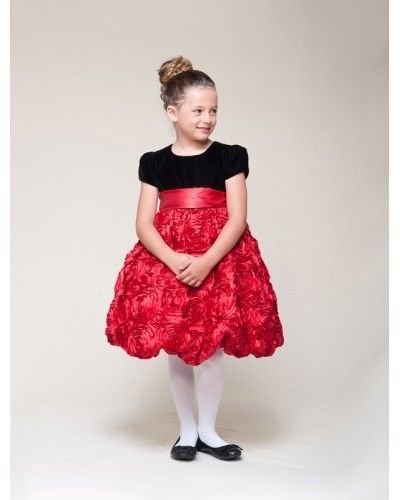 Image 6 of Dressy Velvet Top Swirl Floral Red Skirt Pageant Flower Girl Dress Crayon Kids -