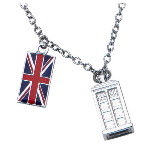 Image 0 of Doctor Who Union Jack Phone Booth Tardis 2 Charm Pendant Costume Necklace 18