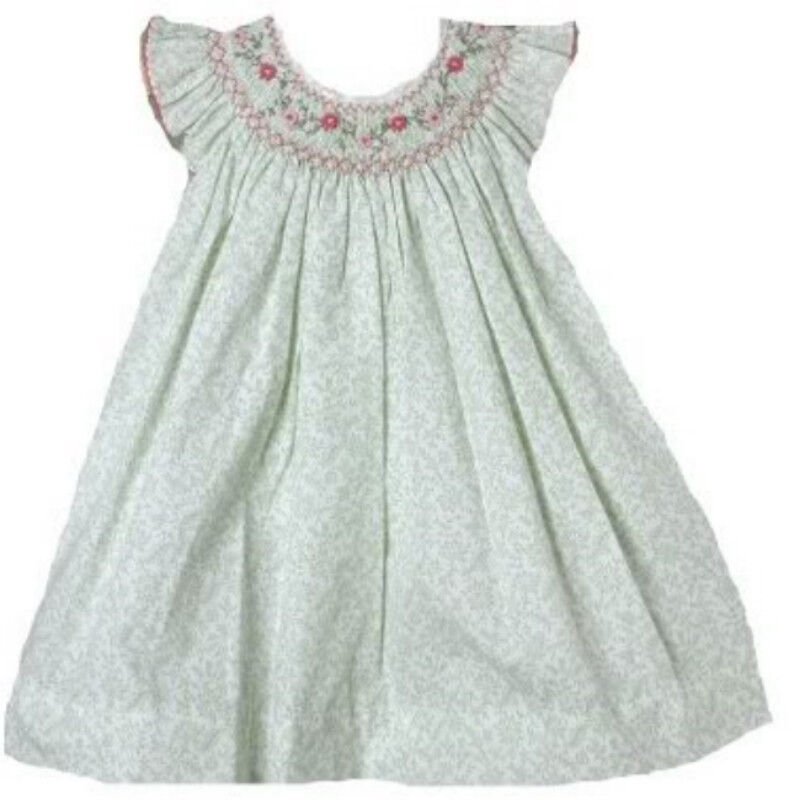 Image 4 of Posh Sweet Beautiful Angel Sleeve Green Floral Petit Ami Gold Girl Smocked Dress