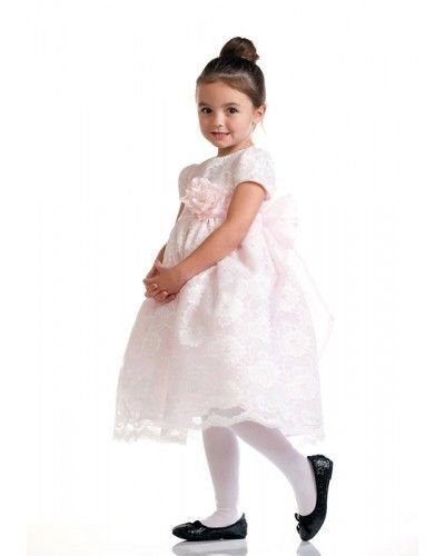 Image 1 of Stunning Ivory Lace/Pink Satin Christening Flower Girl Dress w/ Flower USA - Pin