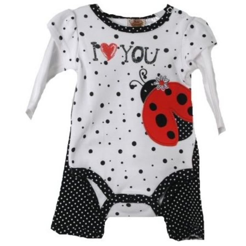 Image 0 of Posh Baby Grand White Black Polka Dot Lady Bug Infant Creeper w/Ruffled Pants - 