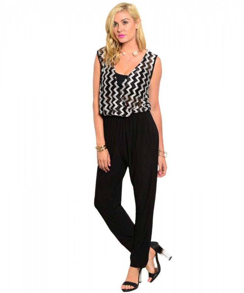 Sexy White Silver Black Lace Jrs Romper, Shimmer Top, Black Pants, S, M, L - Bla