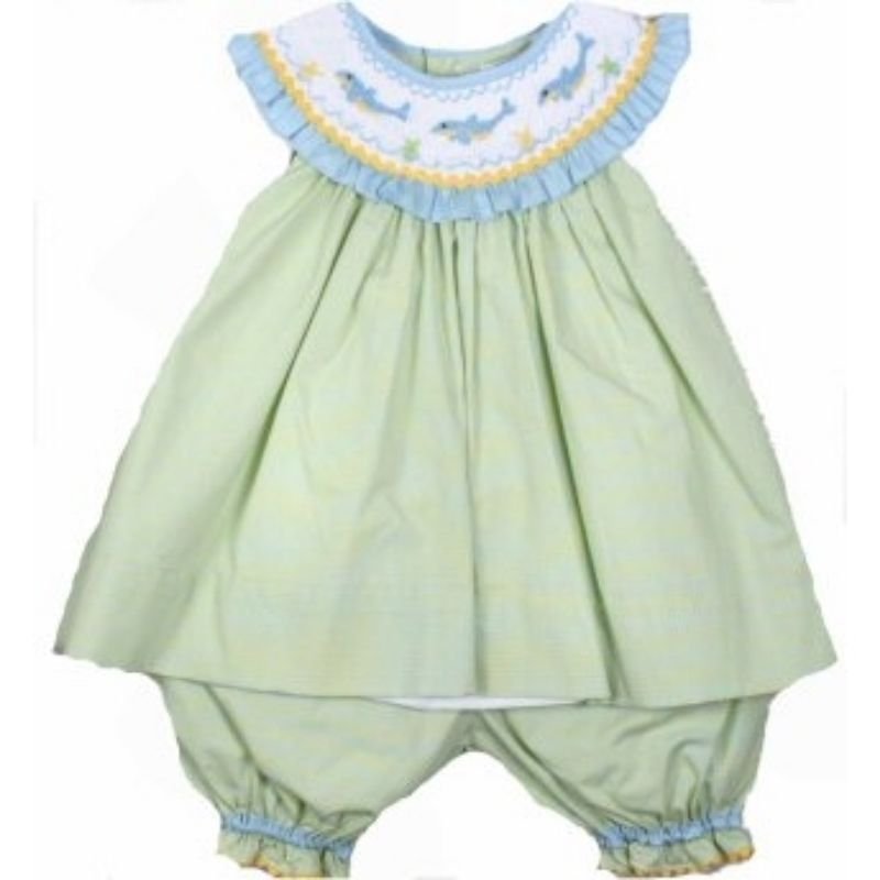 Adorable Green Aqua Petit Ami Smocked Dophin Girl Boutique Set, Angel Sleeve - 3