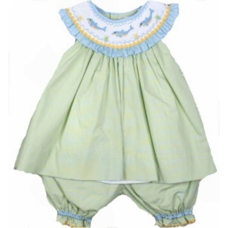 Adorable Green Aqua Petit Ami Smocked Dophin Girl Boutique Set, Angel Sleeve - 3