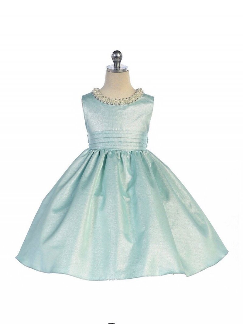 Stunning Sage Satin Flower Girl Pageant Dress w/ Beaded Neckline, Crayon Kids - 