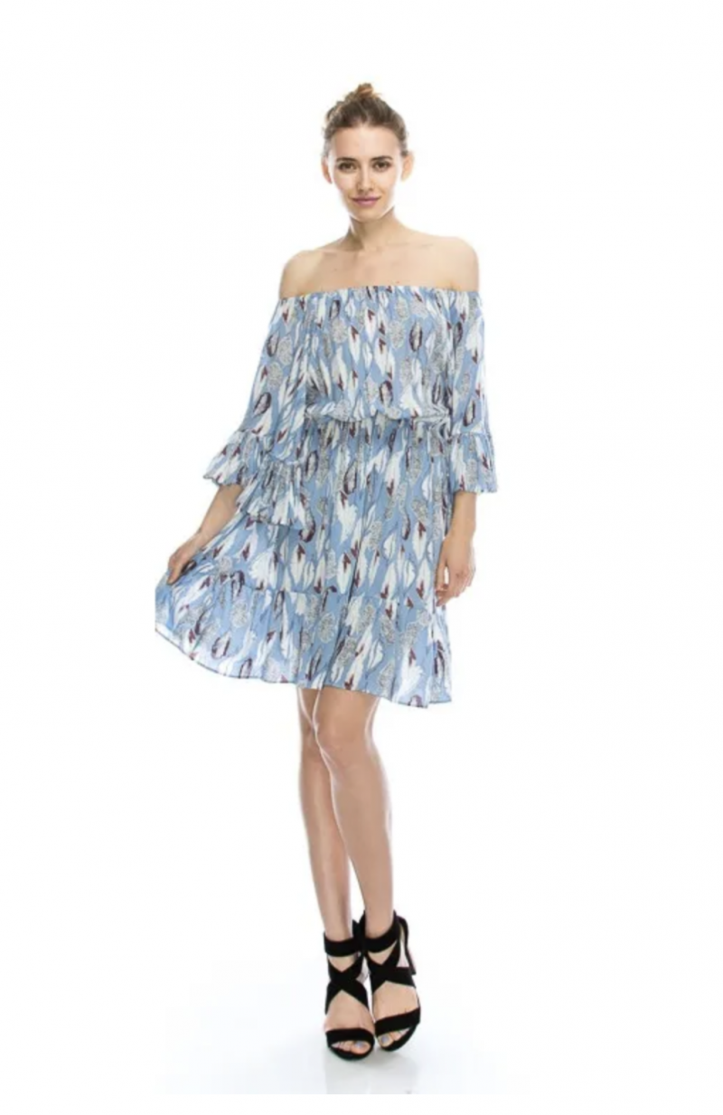 Image 0 of Flirty Off-Shoulder Boho Blue Feather Print Chiffon Party Dress, S, M or L Blue
