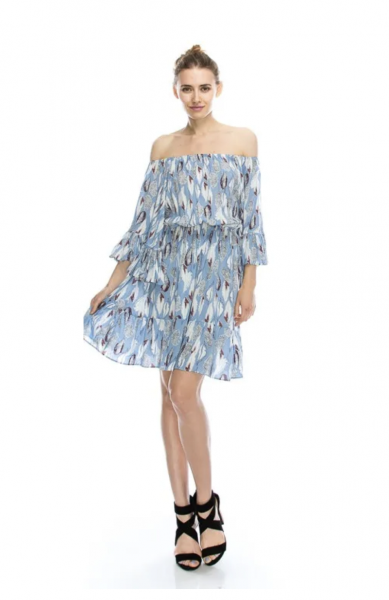 Flirty Off-Shoulder Boho Blue Feather Print Chiffon Party Dress, S, M or L Blue