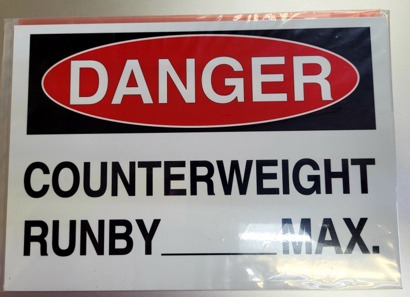Image 0 of EDS-CWT RNBY-LARGE 10 X 7 ALUMINUM SIGN DANGER COUNTERWEIGHT RUNBY